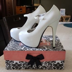 Bordello white patent heels platform